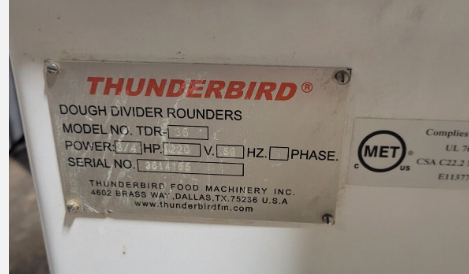 Thunderbird dough divider model plate